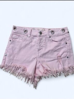 Altar'd State Soft Pink Distressed Fringe Denim Shorts